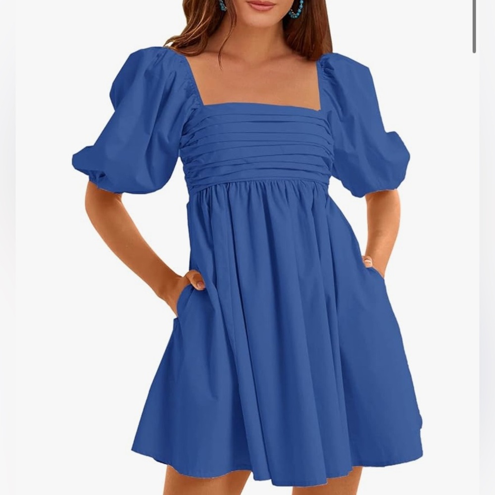 Amazon Blue Ruffled Puff Sleeve Mini Dress